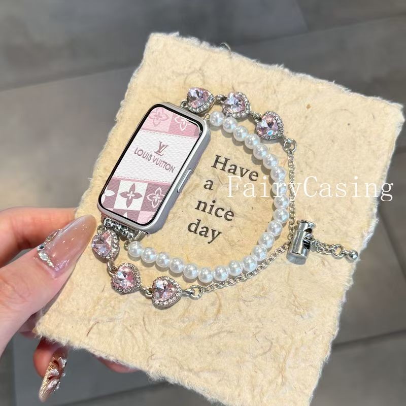 Vòng tay ngọc trai hình trái tim đính kim cương cho Huawei Band 11 pro 10 9 8 Dây đeo cho Huawei Band Fit3 4 2 Phụ kiện có thể thay thế
