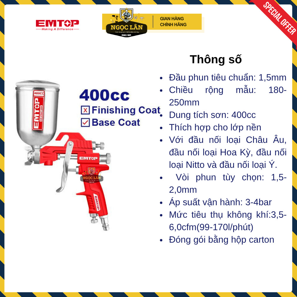 [Chính hãng] Béc phun sơn EMTOP, dụng cụ phun sơn, vít tua lê đầu phun 1.5mm kèm bình phun 400cc