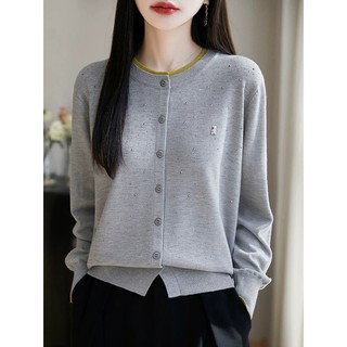 Áo cardigan len nữ xuân thu, cổ tròn, khóa sáp mềm mại, họa tiết kim cương.