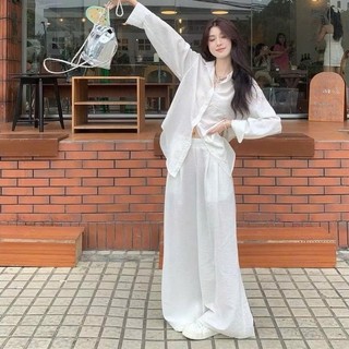 Set đồ Bigsize nữ sơ mi dài tay phối quần suông lưng chun ống rộng vải đũi phong cách basic, nhiều màu - SET858