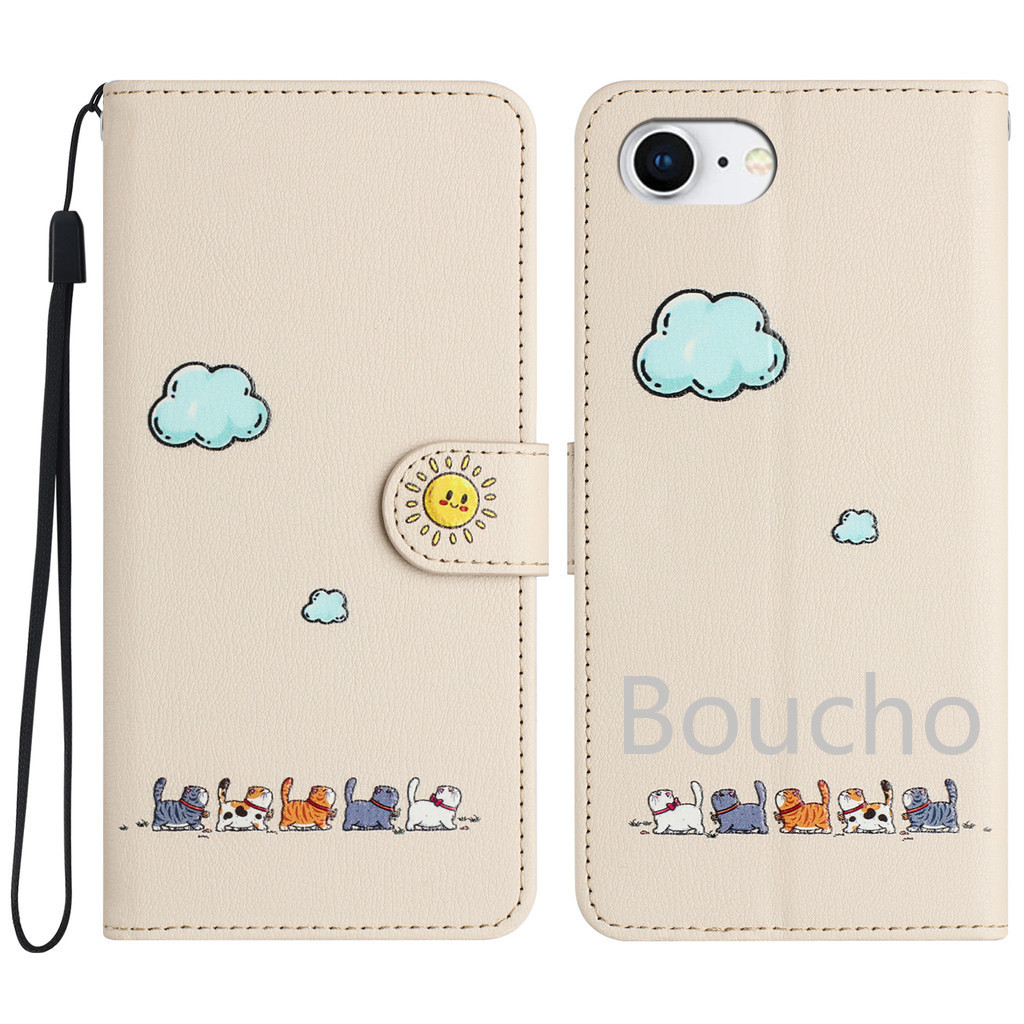 Dành Cho iPhone 16e 16 15 14 Plus 13 12 11 Pro Max Ví Da Mèo Dễ Thương Bảo Vệ Ốp Lưng Điện Thoại Có Khe Cắm Thẻ Giá Đỡ