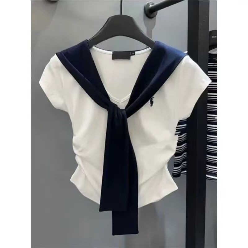 Milyfashion Cổ Hải Quân Chính Hãng Vai Thêu Tay Ngắn T Mùa Hè Phong Cách Mới Khăn Choàng Thiết Kế Niche Ngắn Top Quần Áo Nữ