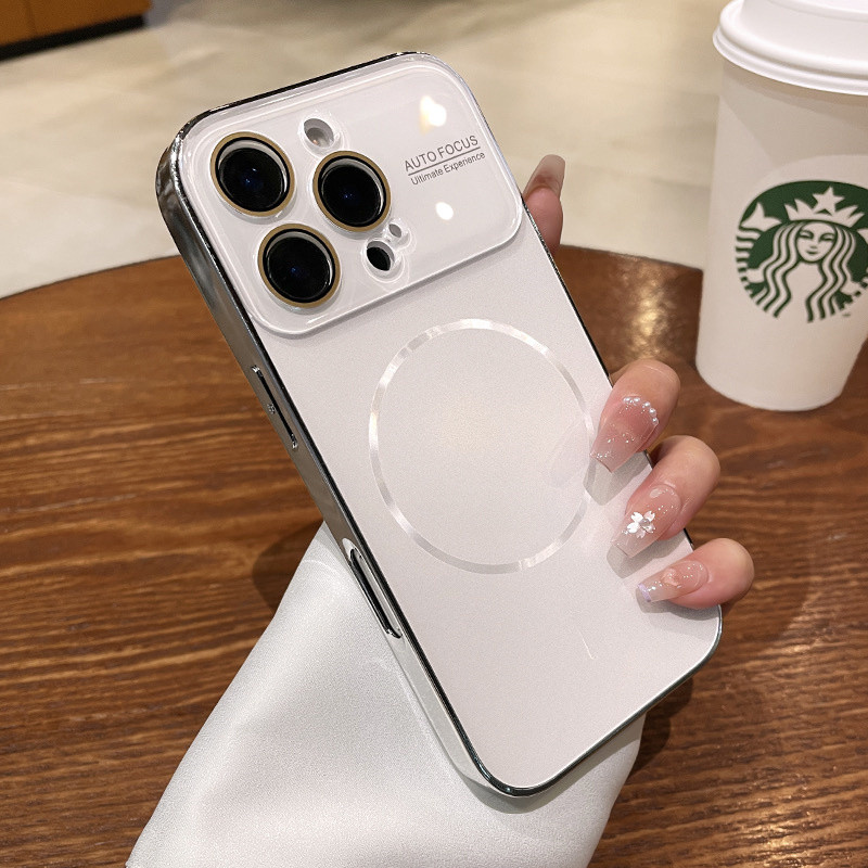 Ốp điện thoại từ tính cửa sổ lớn mạ điện cho iPhone 16 14 15 pro max Bảo vệ ống kính chống rơi Vỏ cứng bảo vệ điện thoại