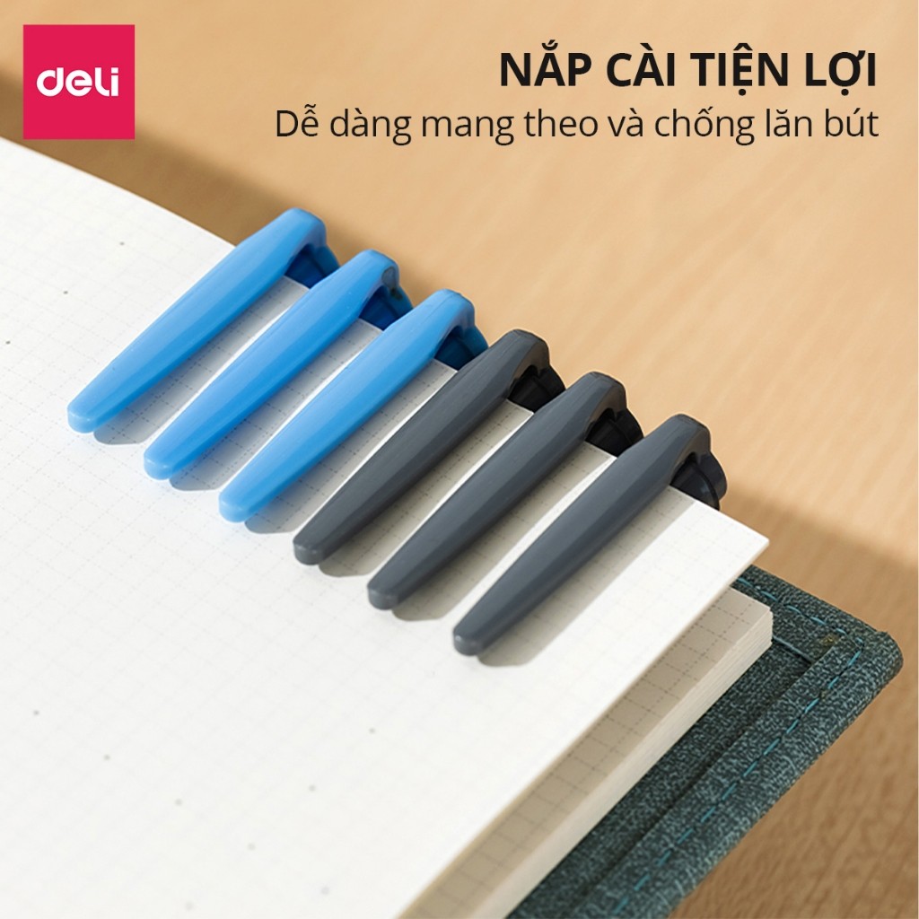 [QUÀ TẶNG] HỘP 12 Bút bi nước học sinh mực gel xanh đen 0.5mm Deli họa tiết khủng long nhanh khô
