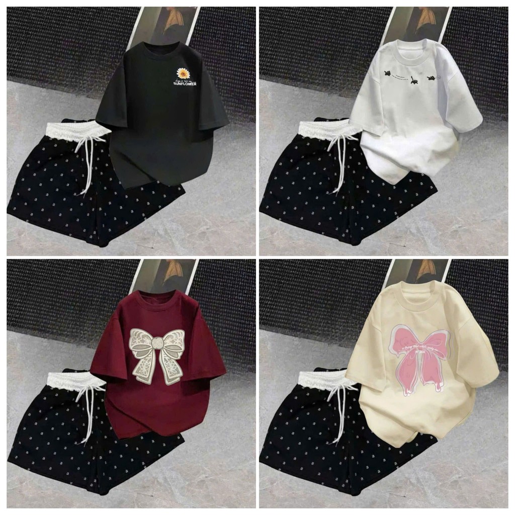 Tổng hợp các sét bộ quần ĐÙI cộc CHỮ A cạp chun màu trắng +mix áo phông form rộng unisex
