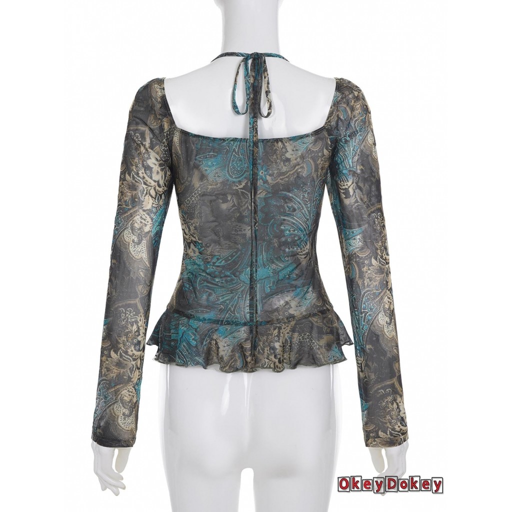 Áo sơ mi crop-top dài tay cổ chữ V sâu in hoa, form slim fit dành cho nữ