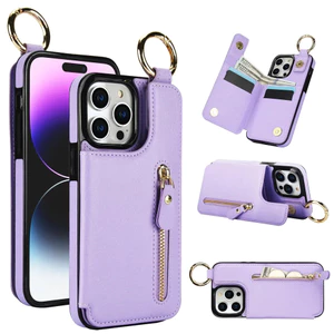 Tương Thích Cho IPhone 16 15 14 13 11 Pro Max Plus 12 Mini Ốp Lưng Ví Khe Cắm Thẻ Đứng Da Lật Khóa Đôi Túi Dây Kéo Vòng Giá Đỡ Bao