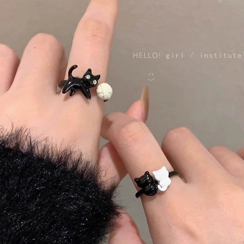 Hoạt Hình Vui Nhộn Mèo Đen Nhẫn Nữ Mở Đầu Có Thể Điều Chỉnh Dễ Thương Đơn Giản Phù Hợp Với Nhẫn
