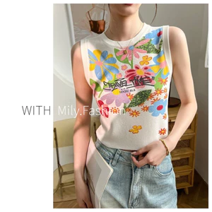 Milyfashion Trung Quốc Mới Graffiti Hoa In Áo Vest Không Tay Mùa Hè Phong Cách Mới Thiết Kế Độc Đáo Độc Đáo Tất Cả Trận Đấu Ngắn Top Hợp Thời Trang