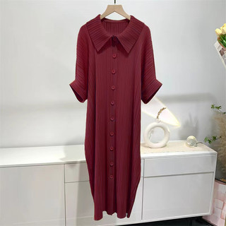 Miyake Xếp Ly Đầm Nữ Mùa Hè Phong Cách Mới Rời Kích Thước Lớn Ôm Hơn Nhìn Bao Thịt POLO Cổ Áo Thường Ngày Lười Phong Cách Váy Dài
