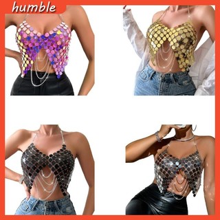 Hum Nữ Kim Sa Lấp Lánh Dây Crop Top Kim Loại Tua Rua Backless Camisole Body Chain