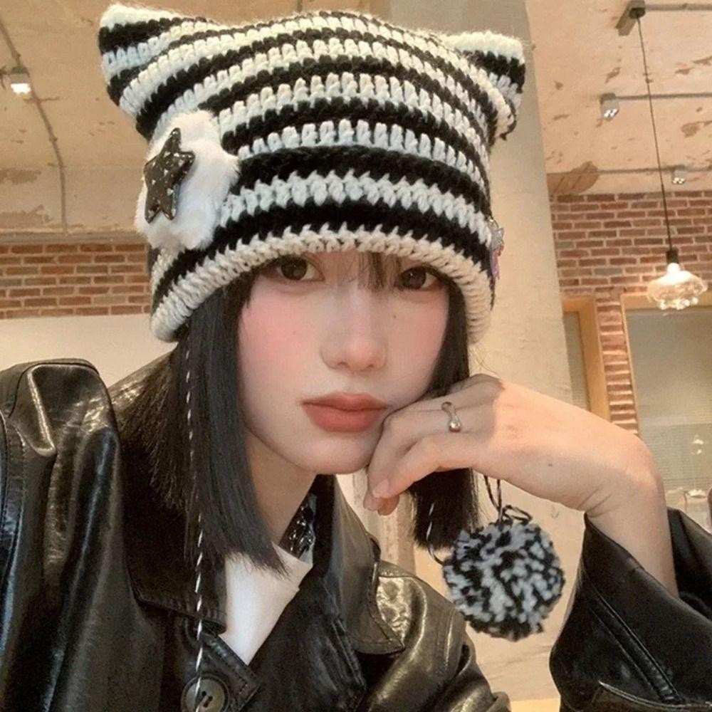 GOODH Y2K Mũ Beanie và Quỷ Horn Hat ngôi sao sọc, móc tai mèo, phù hợp mùa thu đông