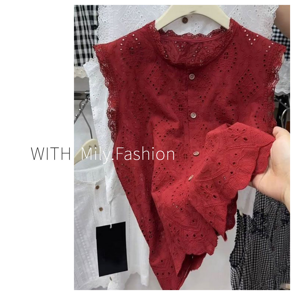 Milyfashion Ren Rỗng Móc Không Tay Áo Sơ Mi Ngắn Nữ Mùa Hè 2025 Phong Cách Mới Cho Bé Áo Sơ Mi Nhỏ Cổ Tròn Top Hợp Thời Trang