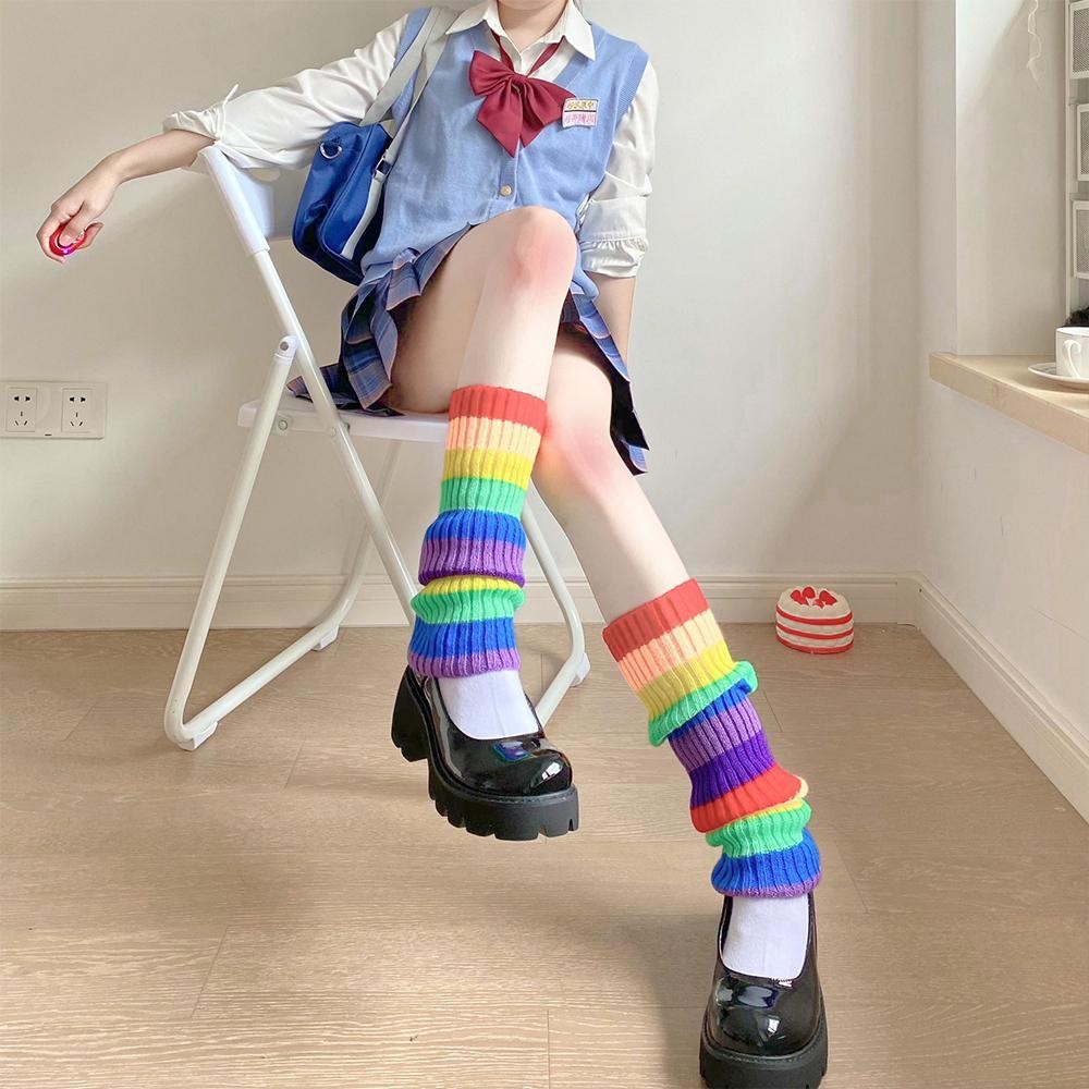 Vỏ chân Lolita CHEESELY, Giày tập Yoga thể thao Harajuku Party Yoga Neon Ribbed Leg Warmers, Rainbow Y2K Trang phục Halloween Tất bốt Nhật Bản dành cho nữ và bé gái