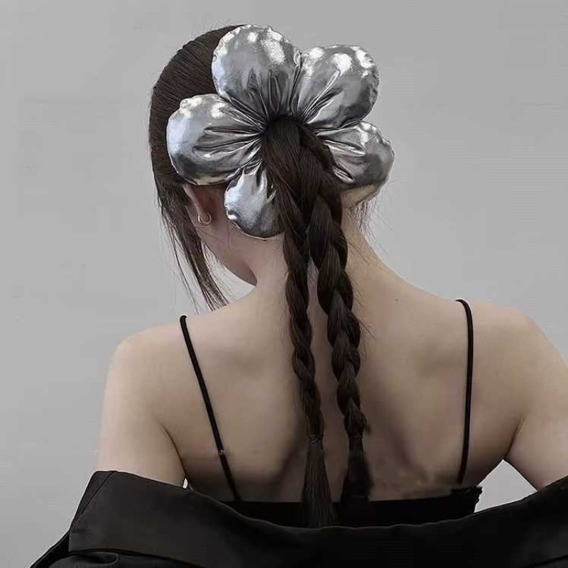 Mới Oversize Phong Cách Hàn Quốc Hình Hoa Xốp Đen Bạc Lớn Satin Tóc Scrunchies Vải Hợp Thời Trang