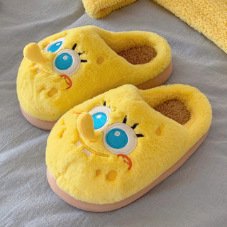 XIXITIAO Dép bông SpongeBob mùa thu đông, mũi tròn, lót nhung giữ ấm, đế dày mềm, cho nữ