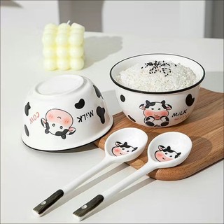 Bộ 2 Bát Cơm Sứ Hình Bò Kèm 2 Thìa - Chén Ăn Cơm Cho Bé Dễ Thương, Hoạt Hình Đáng Yêu
