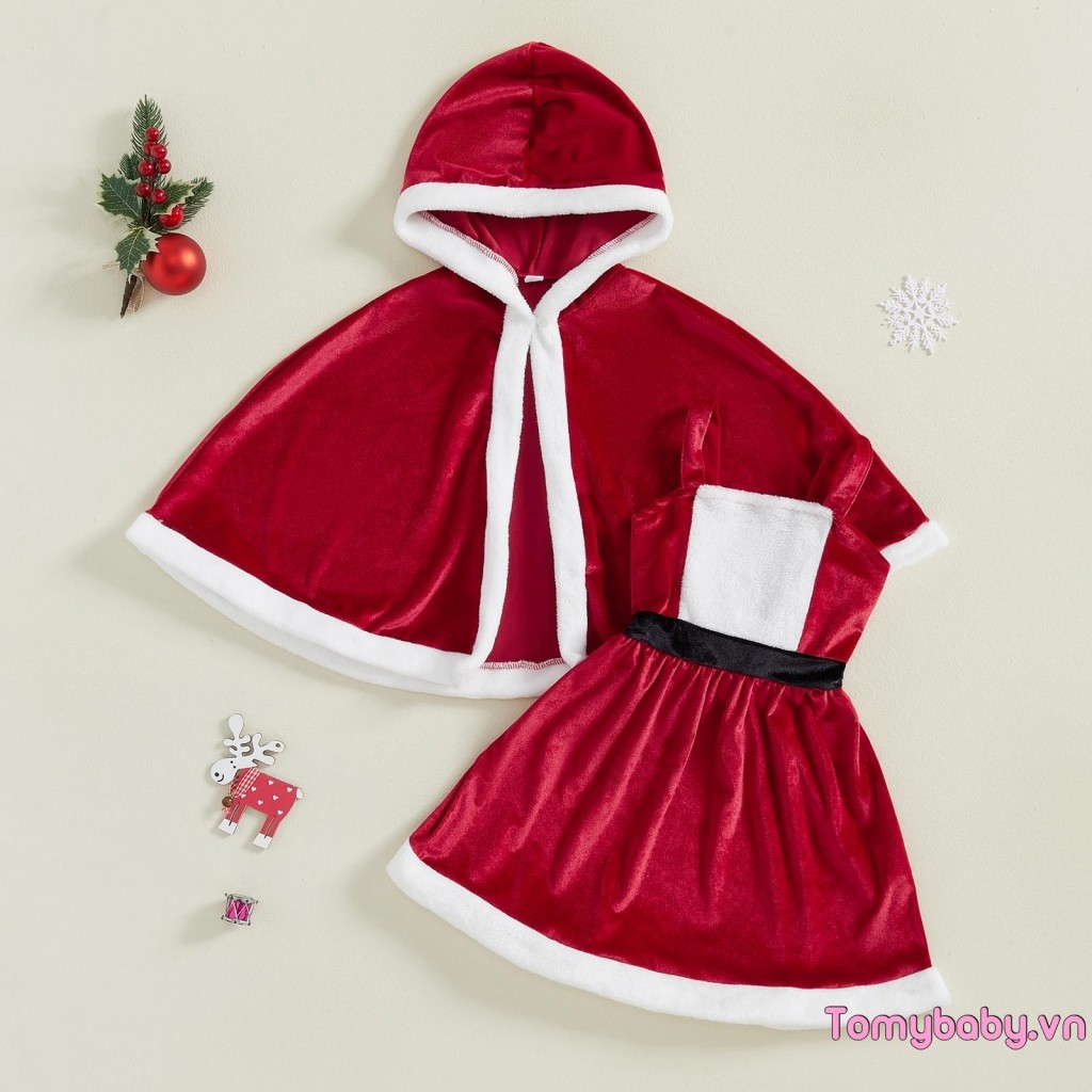 Bộ Giáng Sinh Bé Gái Santa Terry Viền Không Tay Chữ A Cami Dress + Trang Phục Áo Khoác Có Mũ Trùm Đầu