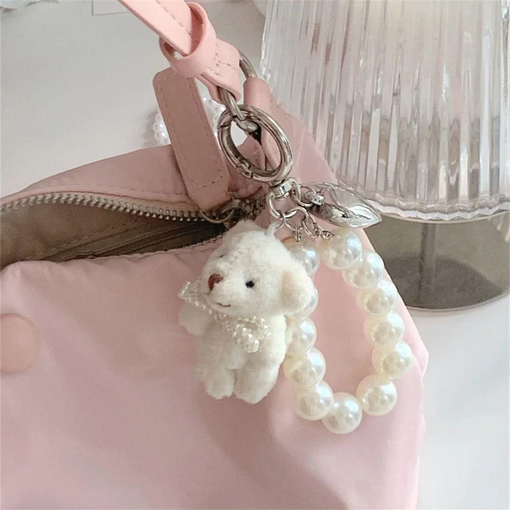 Mặt dây chuyền búp bê nơ ngọc trai GUSTAVA, Móc khóa trái tim Móc khóa gấu sang trọng lông tơ ngọt ngào, Phụ kiện túi dễ thương Túi treo trang trí