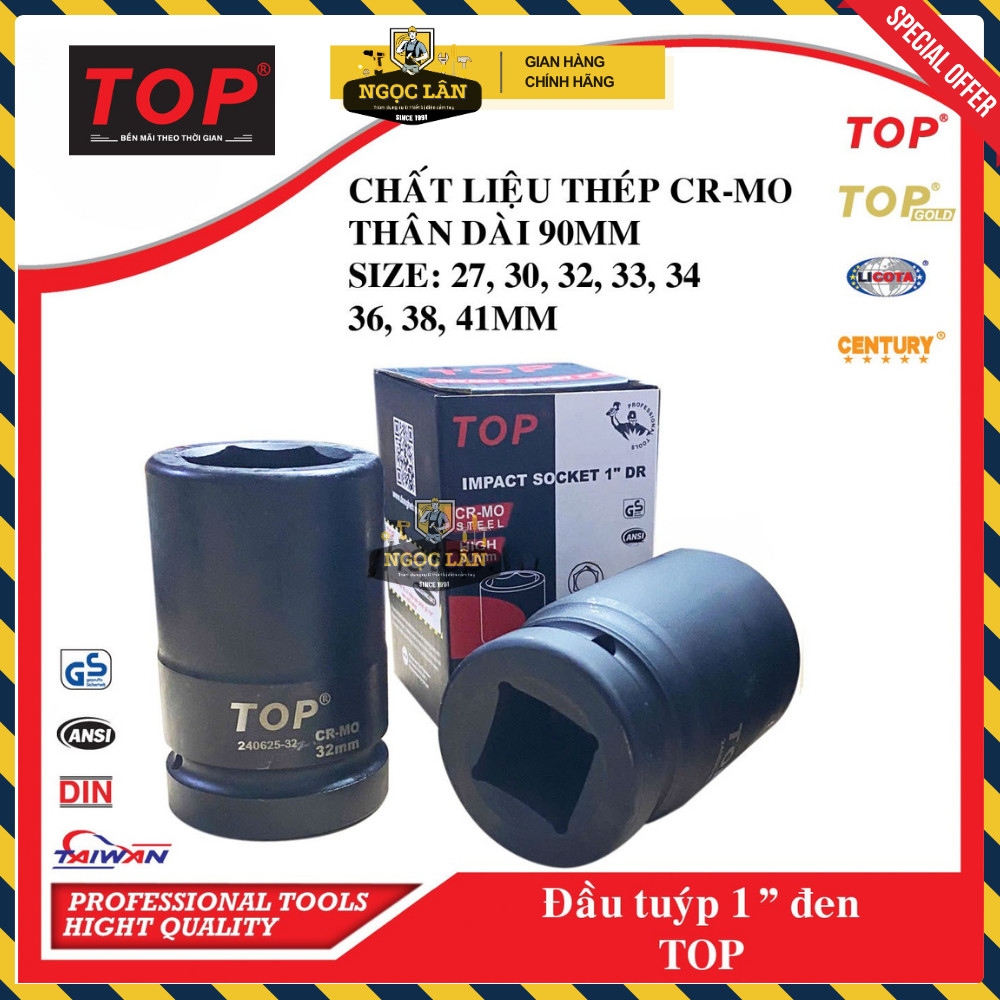 [Chính hãng TOP] Đầu tuýp, đầu khẩu TOP 1 inch đen 27mm, 30mm, 32mm, 33mm, 34mm, 36mm, 38mm, 41mm