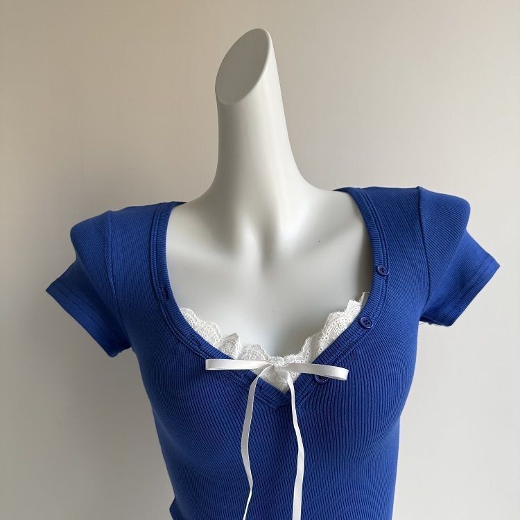 Áo thun ngắn tay ren nữ mùa hè 2025, dáng ôm thời trang