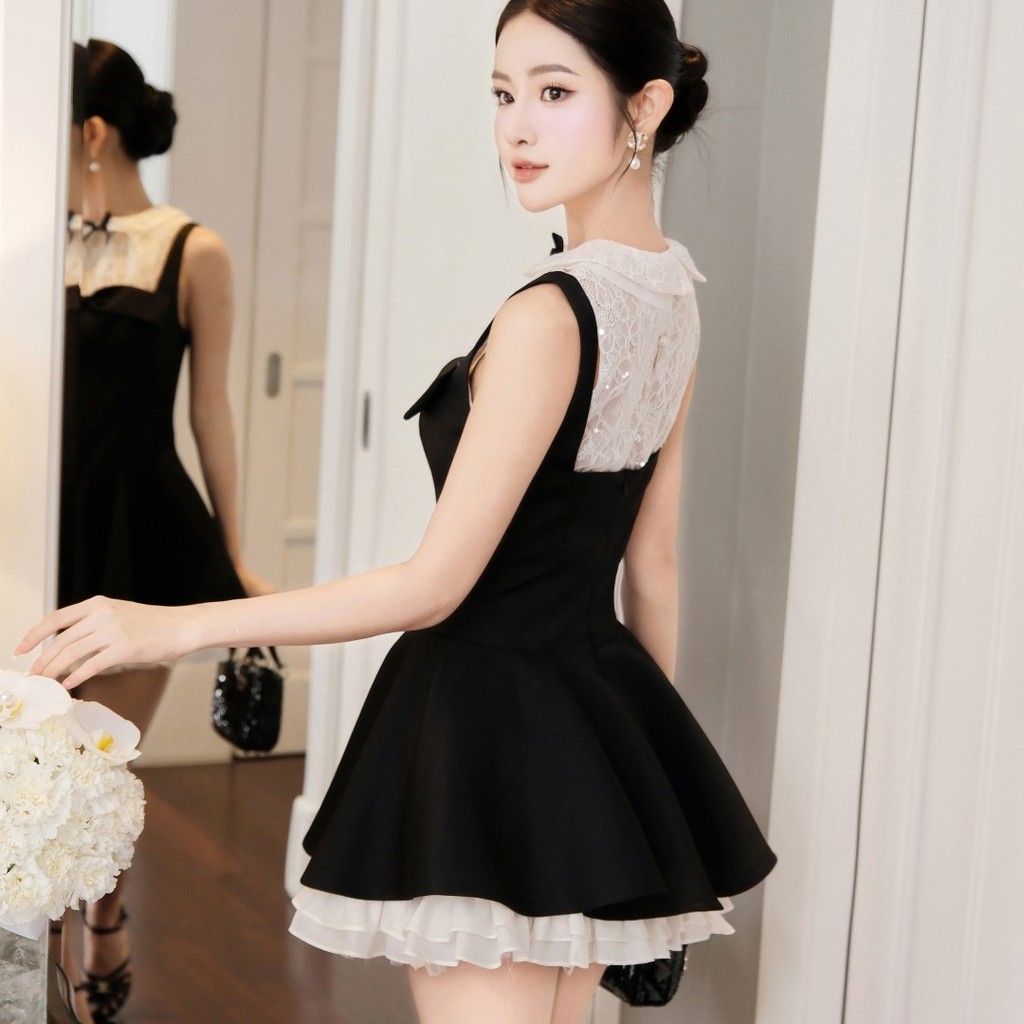 Set áo ren kim sa cổ sen layer phối mini dress 2 dây đen form xòe bồng, phong cách tiểu thư cổ điển KS280