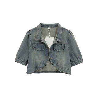 Áo khoác denim màu xanh nhạt phong cách Hàn Quốc, phù hợp mùa hè với thiết kế tay ngắn và kiểu dáng retro