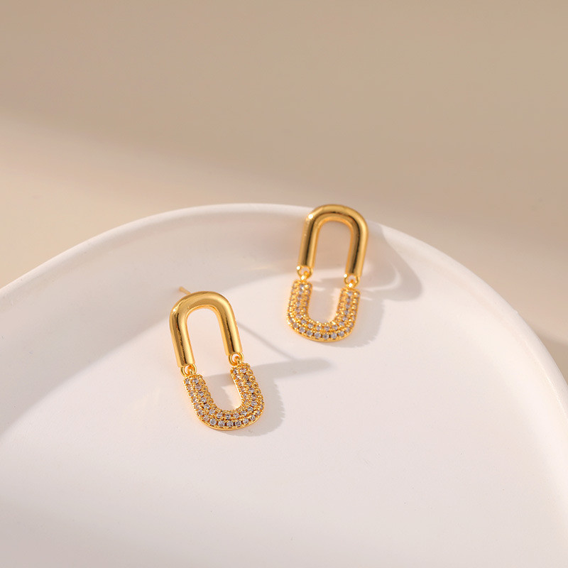 Bông tai hình chữ U mạ vàng đính đá Cubic Zirconia, trang sức tối giản hiện đại cho nữ đeo hàng ngày