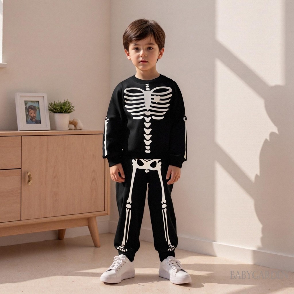 1-7 Tuổi Trẻ Em Bé Gái Bé Trai Trang Phục Halloween In Hình Bộ Xương Dài Tay Cổ Tròn Chui Đầu + Quần Eo Co Giãn 2 Chiếc Bộ