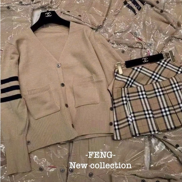 Set Áo Cardigan Thom Nâu Cam KCloset Mix Chân Váy Dạ Dày Dặn Nữ Tính NA547