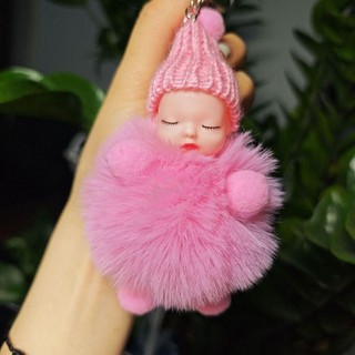 FASHIONEXPRESS Pompom Sleeping Baby Móc khóa, Mũ dệt kim màu trơn khi ngủ cho bé Móc chìa khóa, Búp bê sang trọng dễ thương Giấc ngủ mềm mại cho bé Pompom Móc khóa Quà tặng cho bé gái