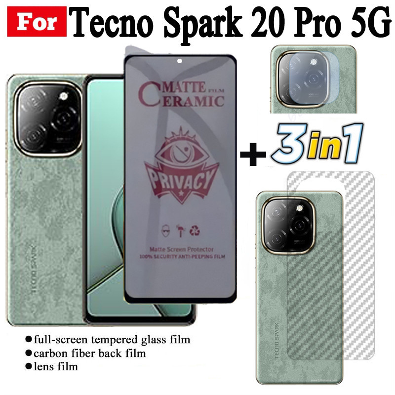 3 TRONG 1 Tecno Spark 20 Pro 5G Phim gốm chống gián điệp riêng tư cho Spark 20P 20C 20 Pro 4G Ống kính máy ảnh Kính bảo vệ màn hình và phim mặt sau