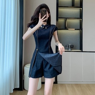 [Giảm Giá Khách Hàng Mới] Quần Short + Đầm Denim Bộ Đồ Hai Mảnh Nữ Khóa Retro Phong Cách Trung Hoa Tính Khí Phong Cách Mới