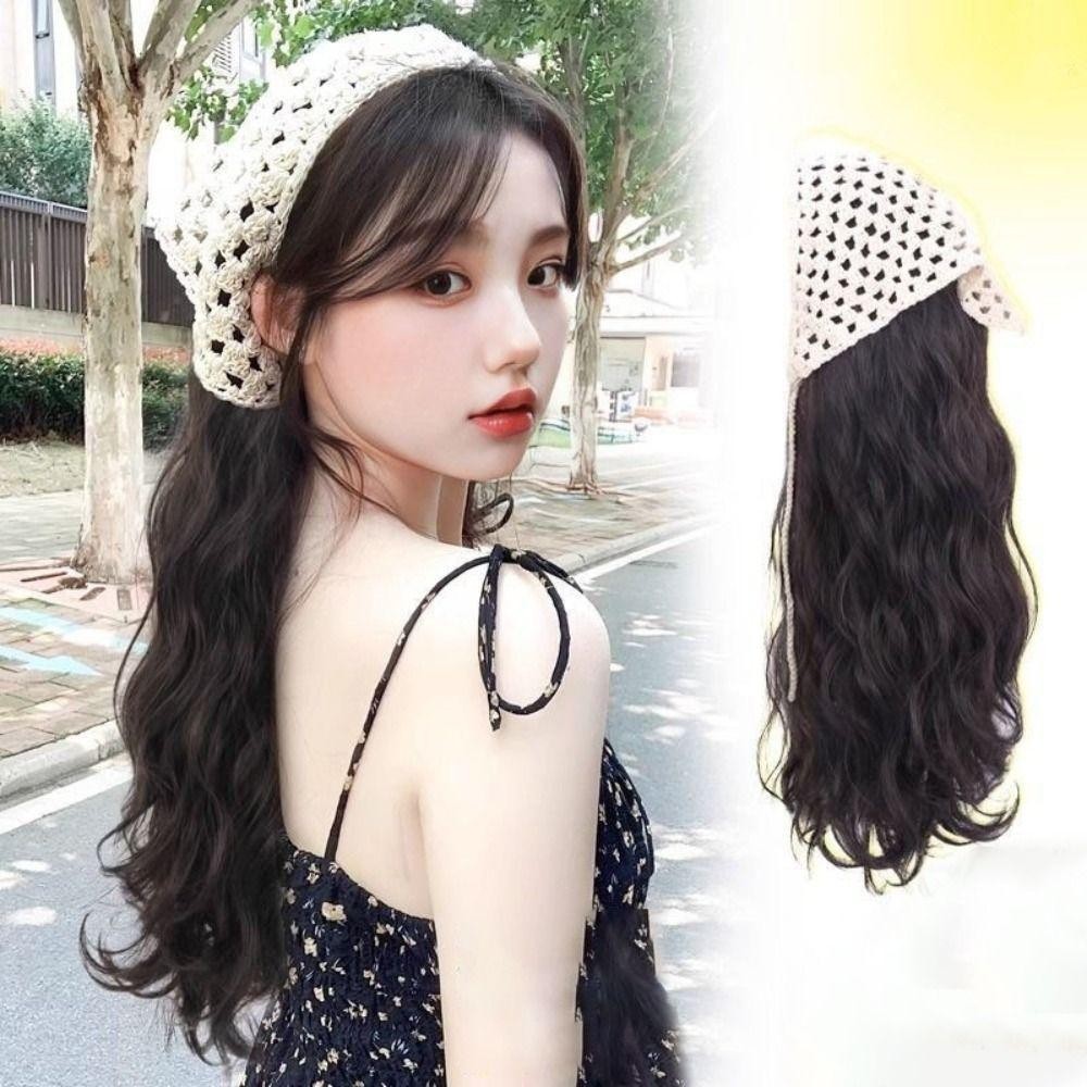 Băng đô giả tích hợp CORALTIDE, Khăn trùm đầu hình tam giác 65CM, Dệt kim rỗng Phong cách trang trại tóc thẳng dài