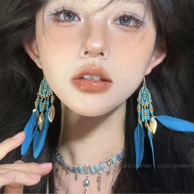 Bông tai nữ voan xanh Bông tai hình tua rua Hàn Quốc