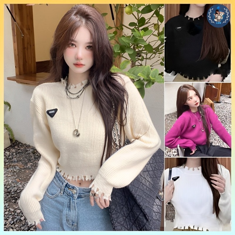 💥[A239] Áo len thun nữ Montoghi dệt kim CROPTOP logo TAM GIÁC phối VIỀN ...