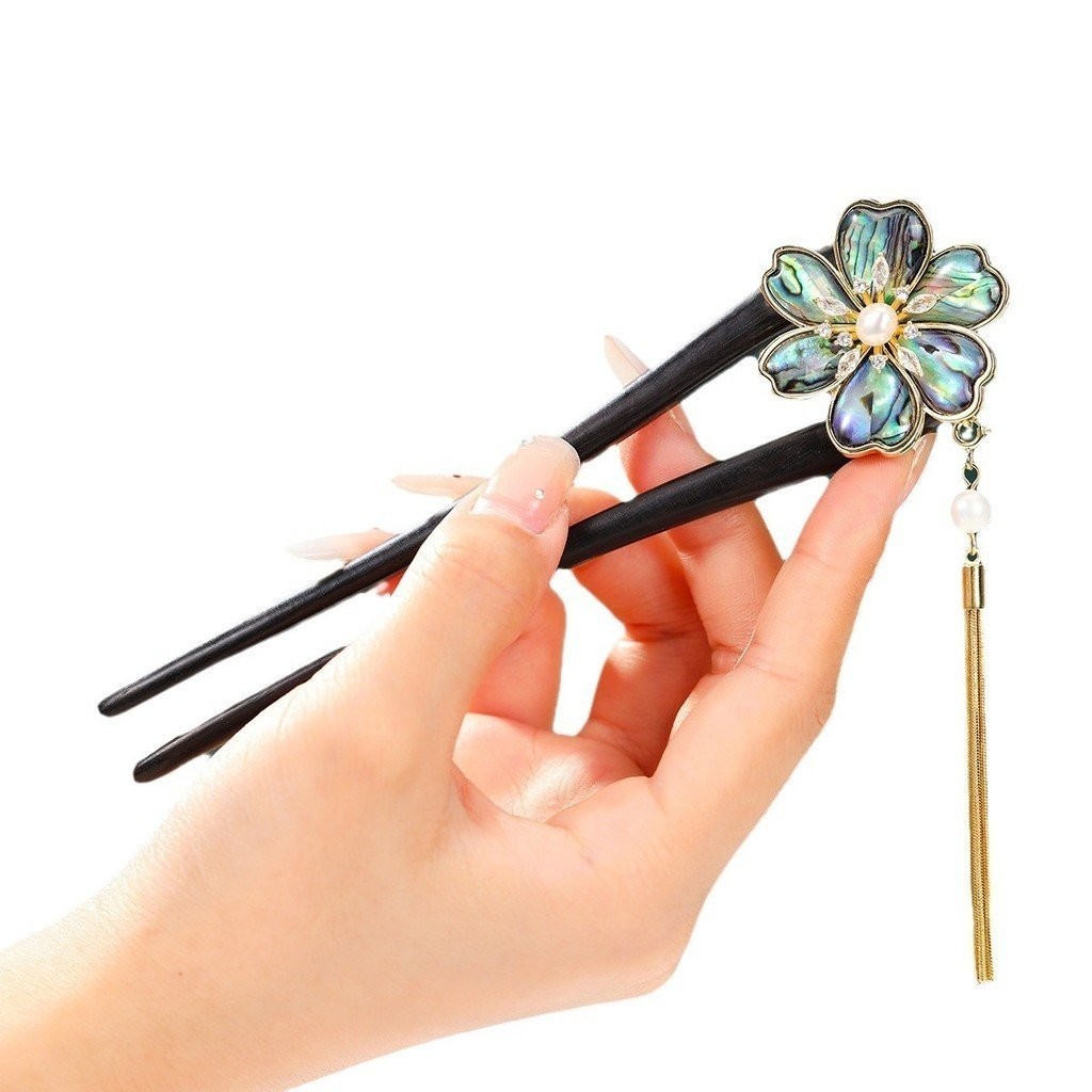 Kẹp tóc hình chữ U bằng gỗ Đàn hương đen, gương nước vỏ sò đen, Tua Rua Hoa, phong cách cổ mới Trung Quốc, kẹp tóc đôi cao cấp, phụ kiện sườn xám