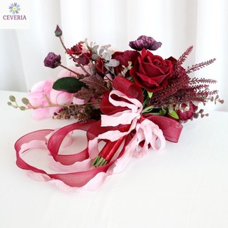 Bó hoa cưới cầm tay cô dâu nhân tạo CEVERIA hoa lan và hồng nhung L009