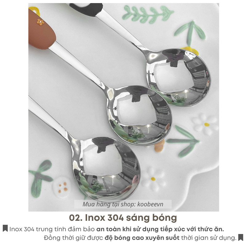 Thìa ăn dặm cho bé Inox 304 cao cấp KOOBEE tay cầm hoạt hình miệng tròn dùng ăn cơm cháo, sữa chua, váng sữa | 131