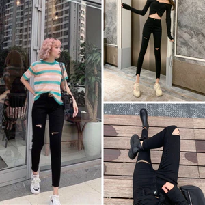 Quần jean nữ, Quần bò đen rách trên gối lưng cao dáng SKINNY siêu co giãn tôn dáng thời trang ( rách đùi )