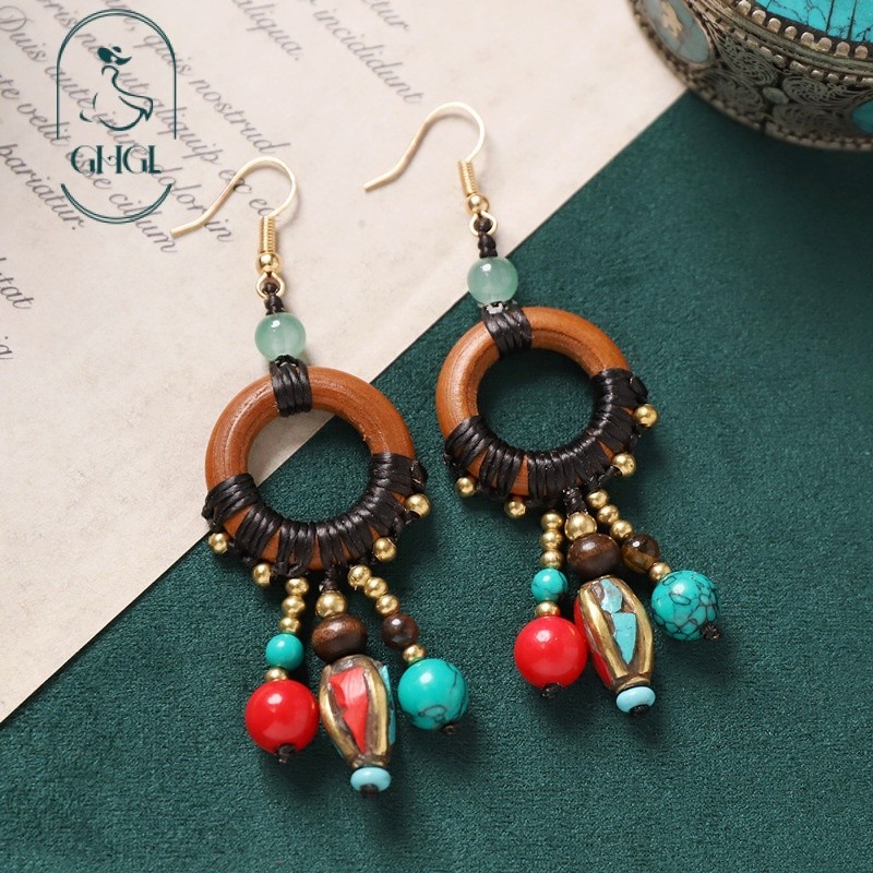 [Ghgl] Hàng có sẵn hs Thiết kế ban đầu Bông tai Nepal Retro Phong cách Tây Tạng Phong cách dân tộc bện Tua dài Phong cách kỳ lạ Bông tai Niche Nữ