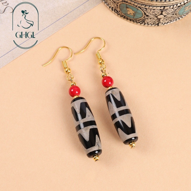 [Ghgl] Hàng có sẵn hs Thiết kế nguyên bản Phong cách Tây Tạng Hạt Dzi chín mắt Bông tai mã não Phong cách dân tộc Nghệ thuật cổ điển Bông tai răng hổ Bông tai phong cách Trung Quốc dành cho nữ