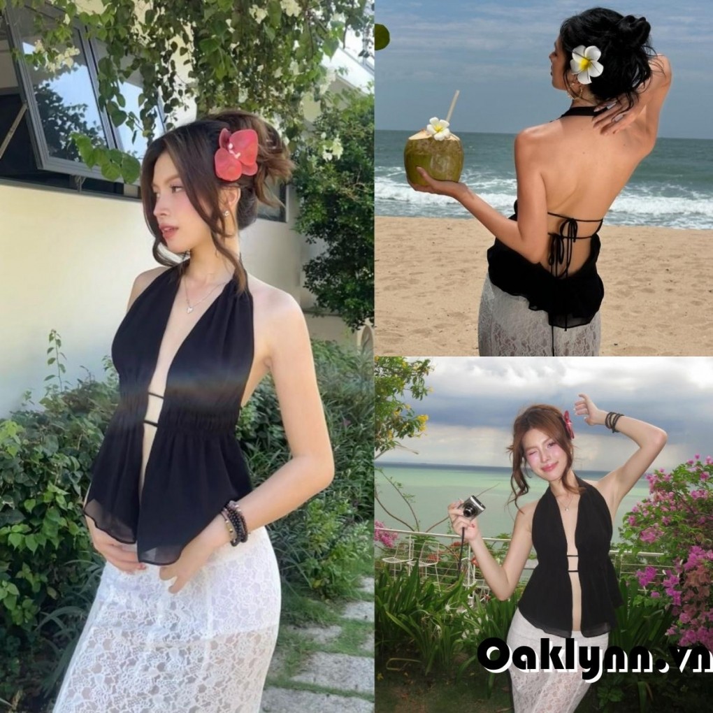 Áo Vest cổ dây mùa hè dành cho nữ không tay hở lưng màu trơn mở phía trước