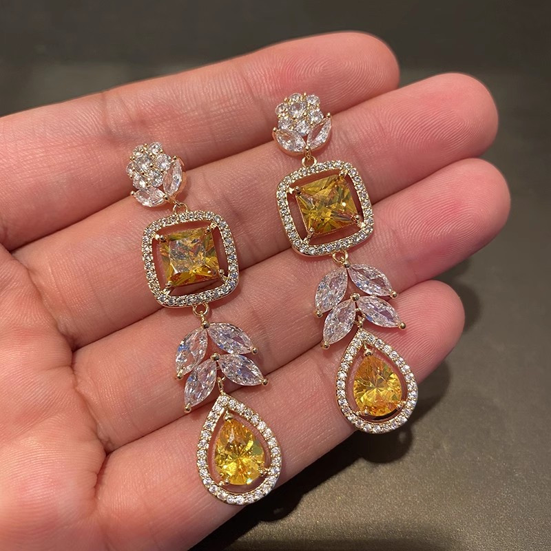 S925 Bạc Kim Hoa Nhiều Màu Sắc Giọt Nước Bông Tai Dài Nữ Ánh Sáng Sang Trọng Full Zircon Tinh Tế Bông Tai
