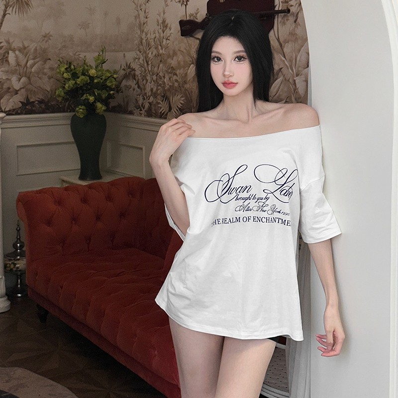 Áo Thun Klalien Chữ Bất Đối Xứng Đa Năng Đường Phố Không Khí Phong Cách Thời Trang Thường Ngày Thư Giãn Mùa Hè Nữ Nóng Mới