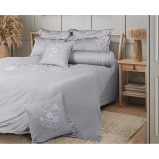 Mẫu chăn ga Everon màu ghi vải lụa cao cấp thêu hoa Mẫu Đơn Kintsugi ESMS 24011