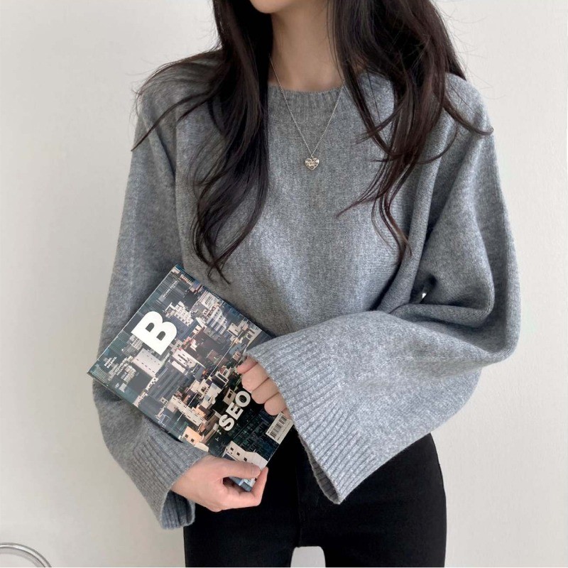 Suxi Retro Rời Thu Đông Thời Trang Mới Đơn Giản Cổ Tròn Dài Tay Dệt Kim Áo Len Nữ Ngắn 240908