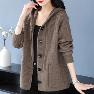 Mùa Thu Đông Phong Cách Mới Bán Chạy Áo Len Có Mũ Trùm Đầu Nút Xoắn Thẻ Dệt Kim