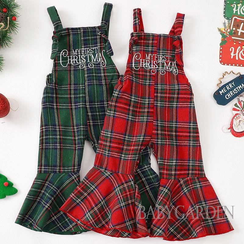 / / -6Month-4years Trẻ Em Bé Gái Áo Liền Quần Giáng Sinh Không Tay Thêu Chữ Kẻ Sọc Suspender Quần loe