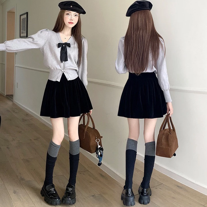 Chân váy nhung nữ thu đông xếp ly dáng váy tennis ngắn cạp cao tôn dáng trẻ trung chất vải nhung tuyết có quần trong – 5